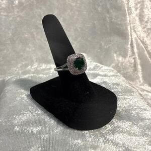 Silver Plated Stainless Steel Emerald Green CZ Halo Ring Size 5 Y2K Princess